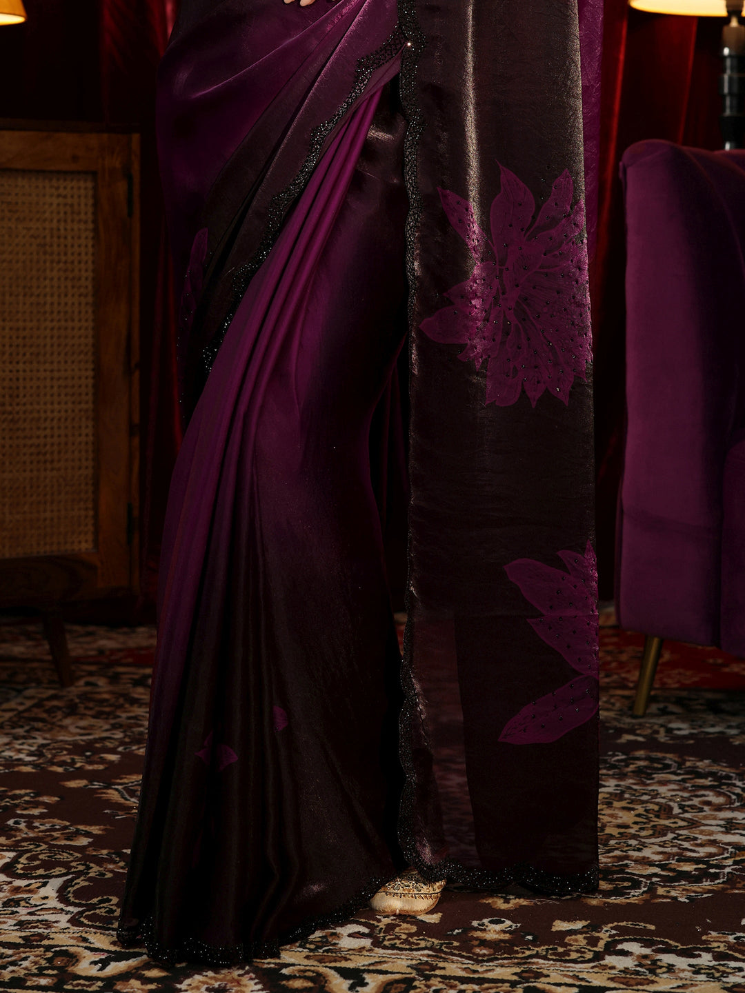 Libas Purple Floral Embellished Silk Blend Saree