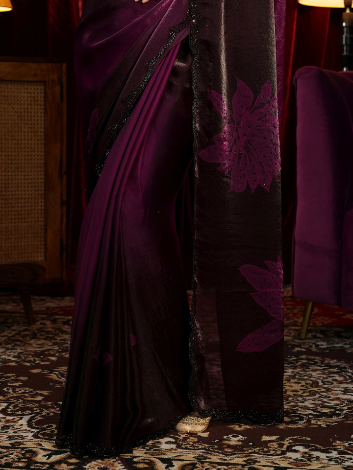Libas Purple Floral Embellished Silk Blend Saree
