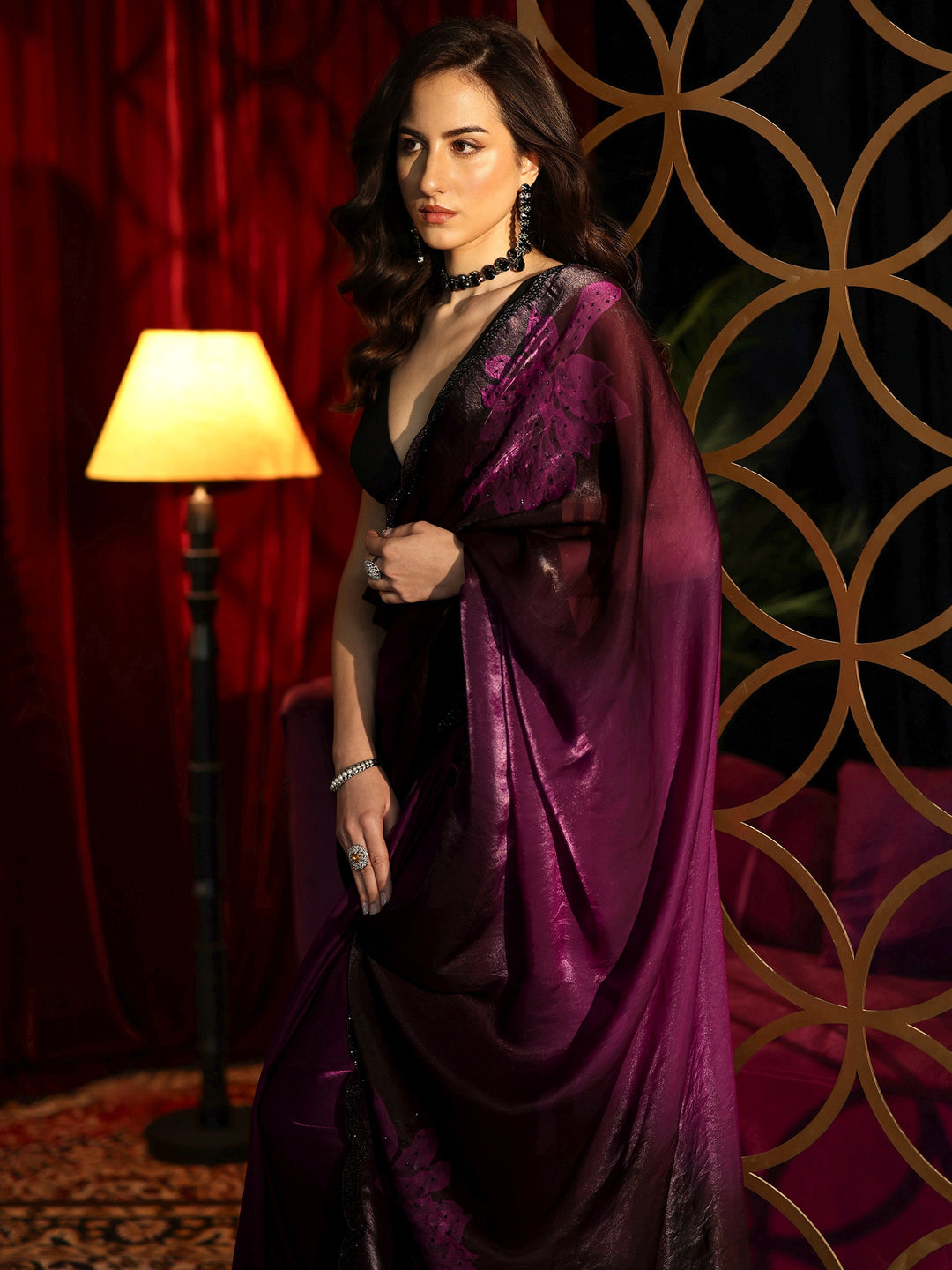 Libas Purple Floral Embellished Silk Blend Saree