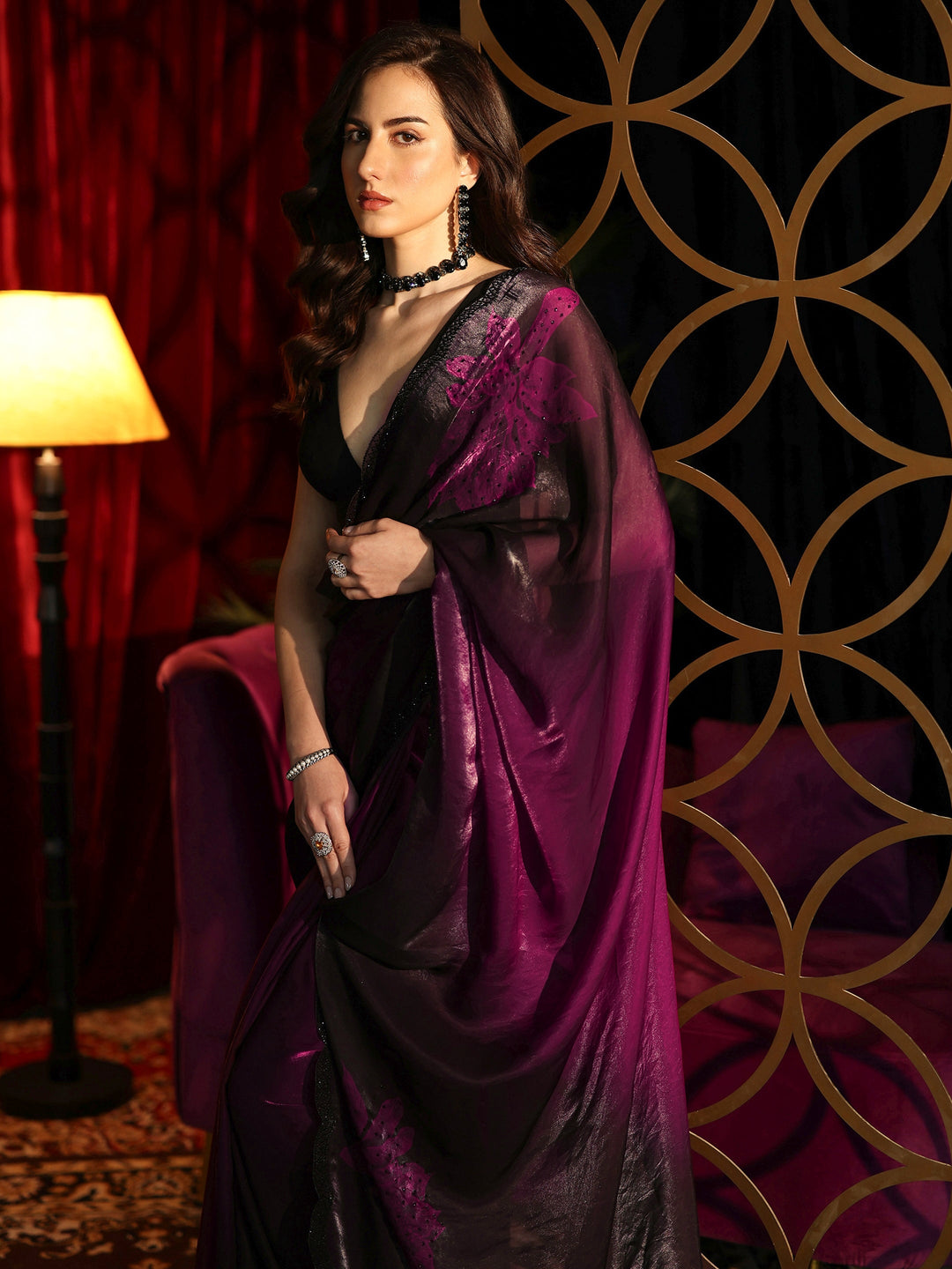 Libas Purple Floral Embellished Silk Blend Saree