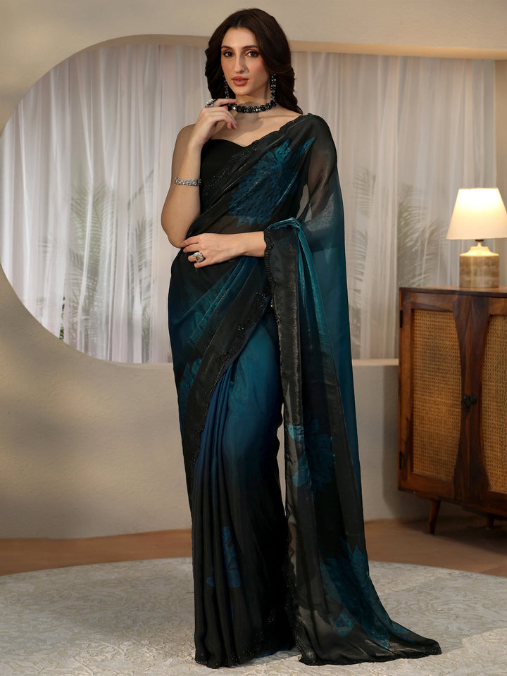 Libas Peacock Blue Floral Embellished Silk Blend Saree