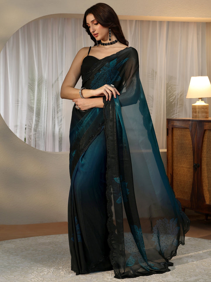 Libas Peacock Blue Floral Embellished Silk Blend Saree