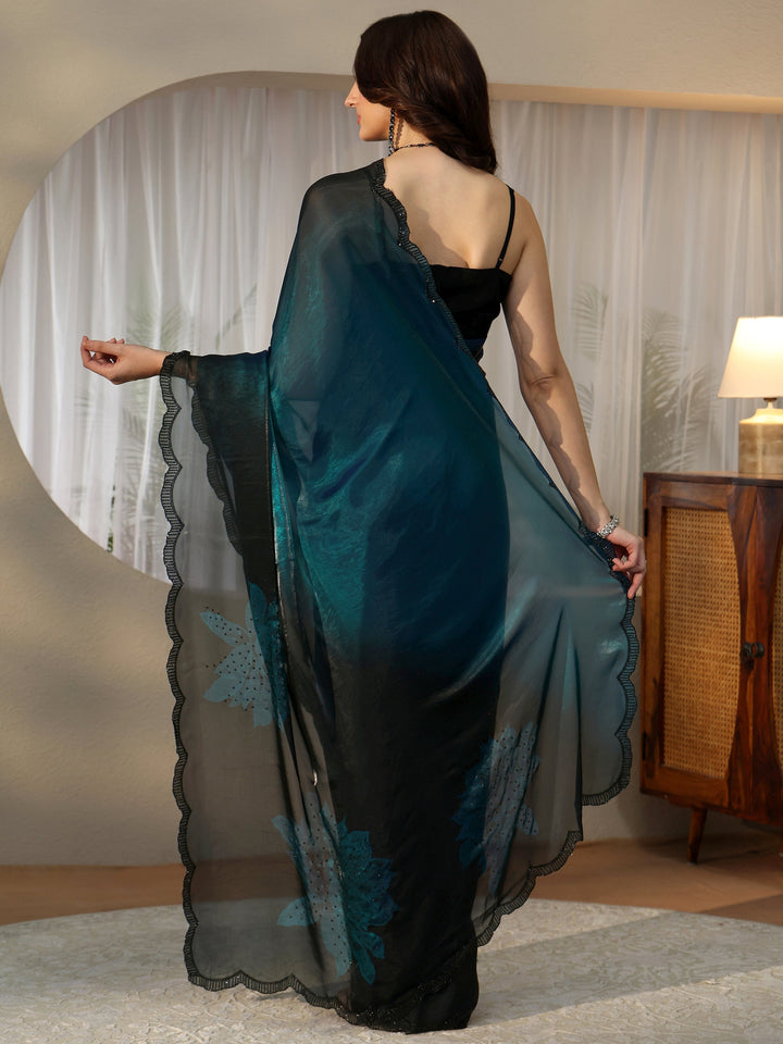 Libas Peacock Blue Floral Embellished Silk Blend Saree