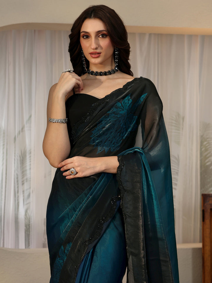 Libas Peacock Blue Floral Embellished Silk Blend Saree