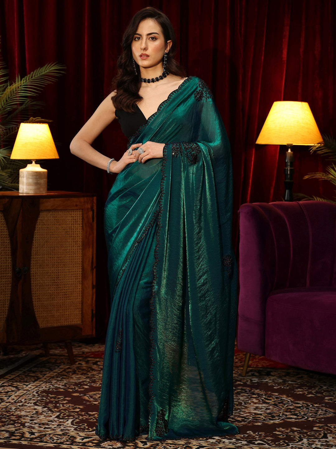 Libas Green Floral Silk Blend Saree