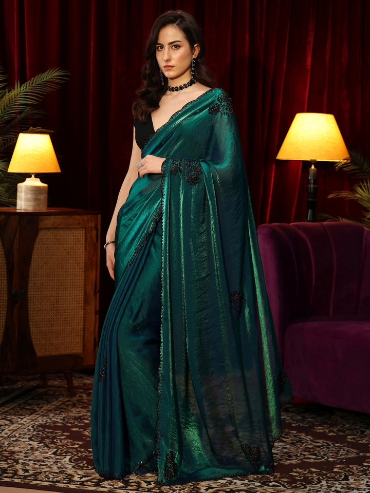 Libas Green Floral Silk Blend Saree