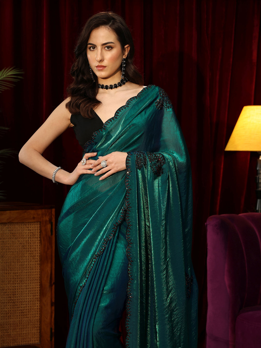 Libas Green Floral Silk Blend Saree