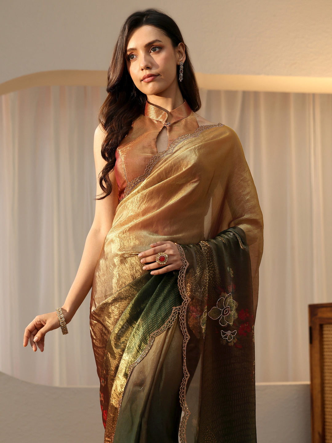 Libas Ombre Beige and Green Floral Silk Blend Saree