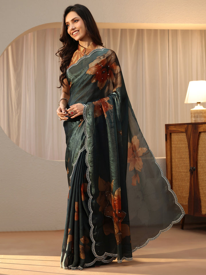 Libas Dark Green Floral Printed Silk Blend Saree