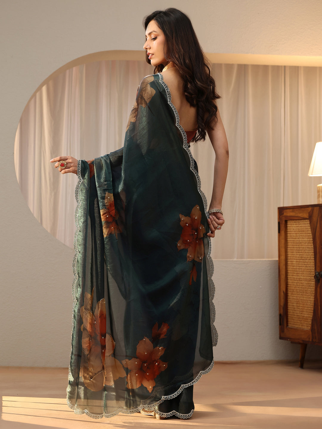 Libas Dark Green Floral Printed Silk Blend Saree