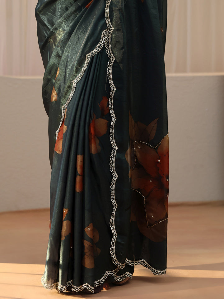 Libas Dark Green Floral Printed Silk Blend Saree