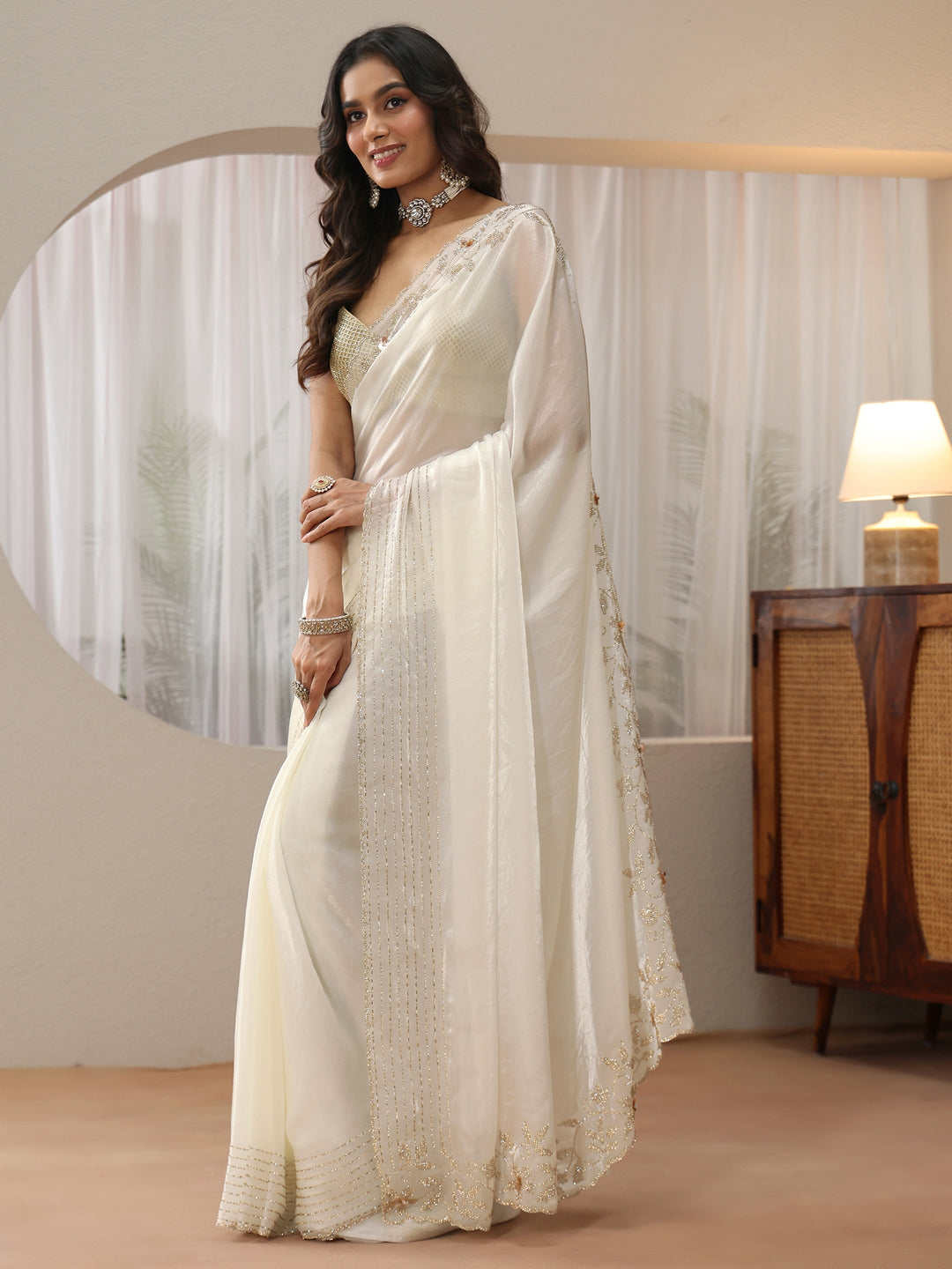 Libas Cream Silk Blend Saree with Embellished Border