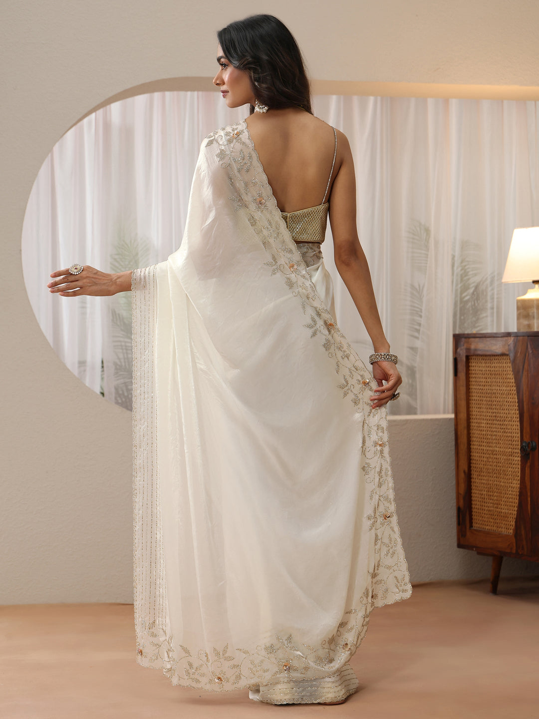 Libas Cream Silk Blend Saree with Embellished Border