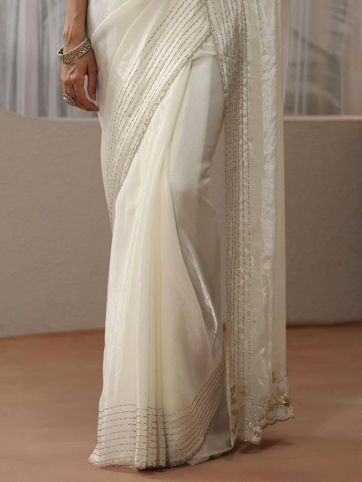 Libas Cream Silk Blend Saree with Embellished Border