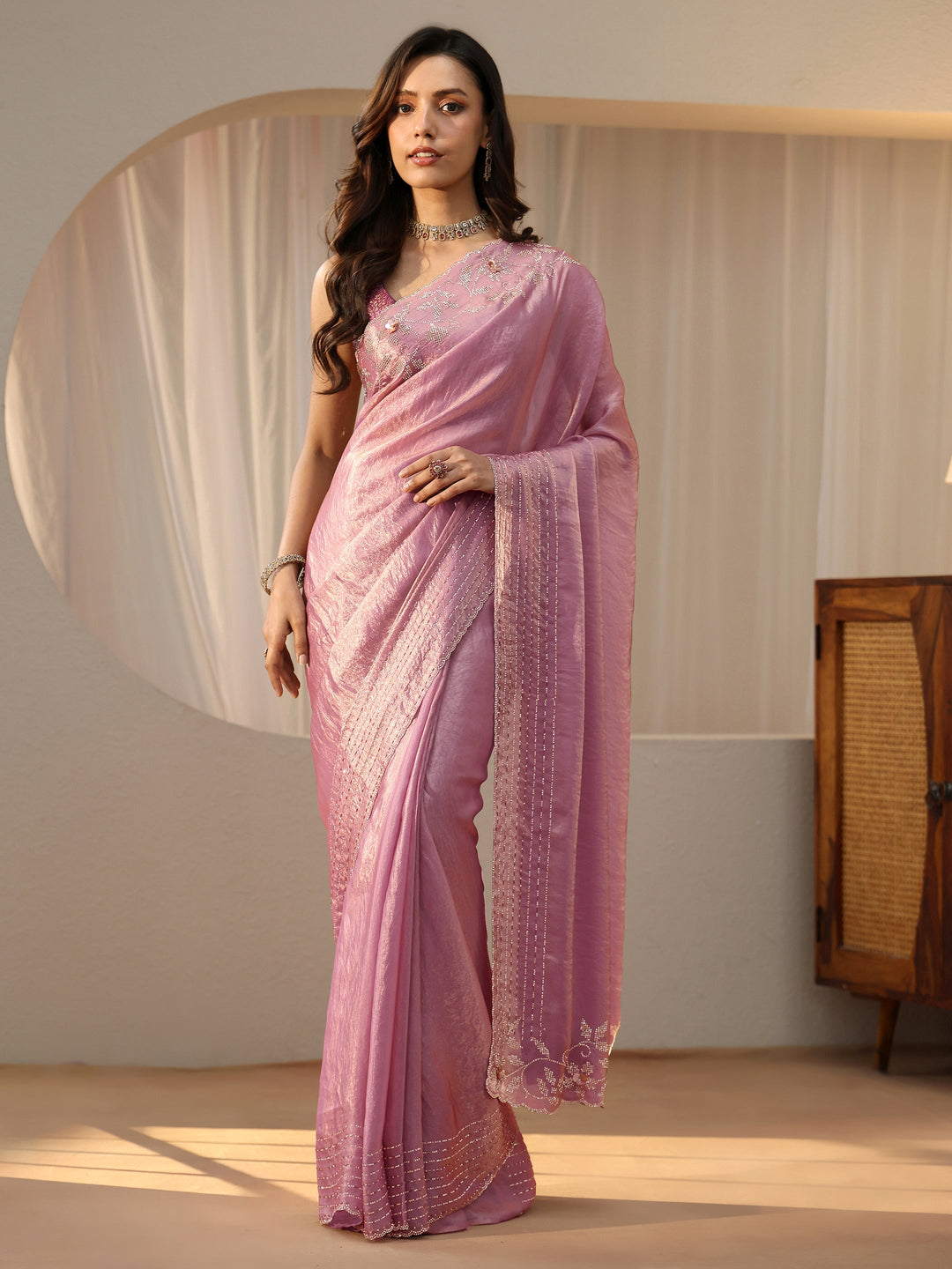 Libas Lavender Silk Blend Saree with Embellished Border