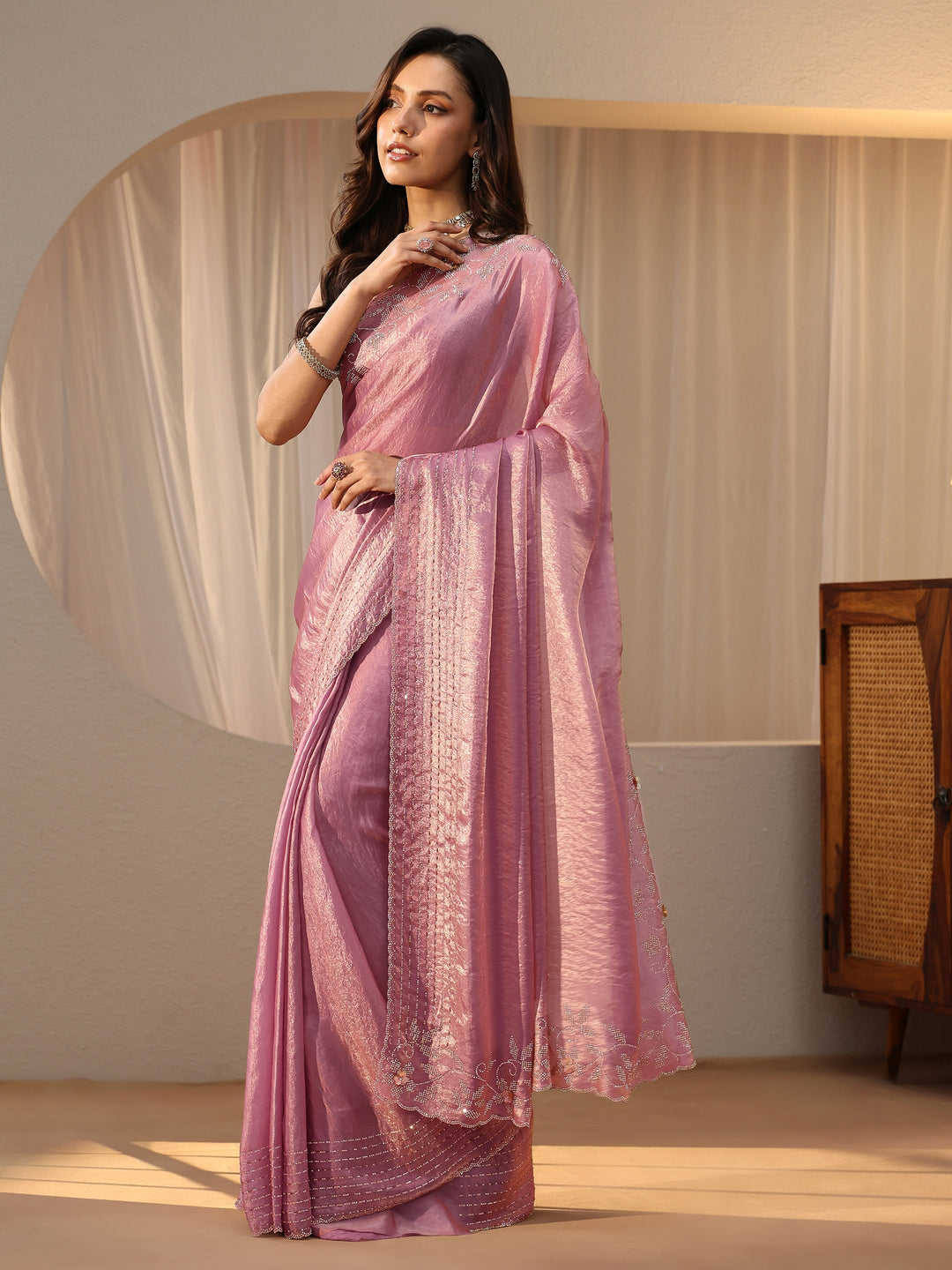 Libas Lavender Silk Blend Saree with Embellished Border