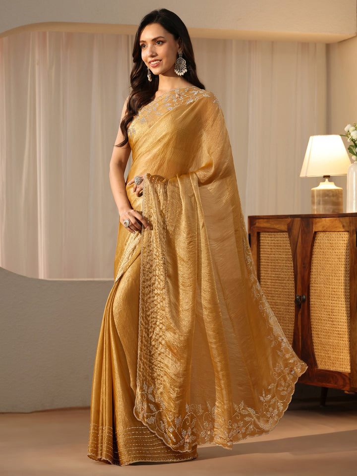 Libas Gold Silk Blend Saree with Embellished Border