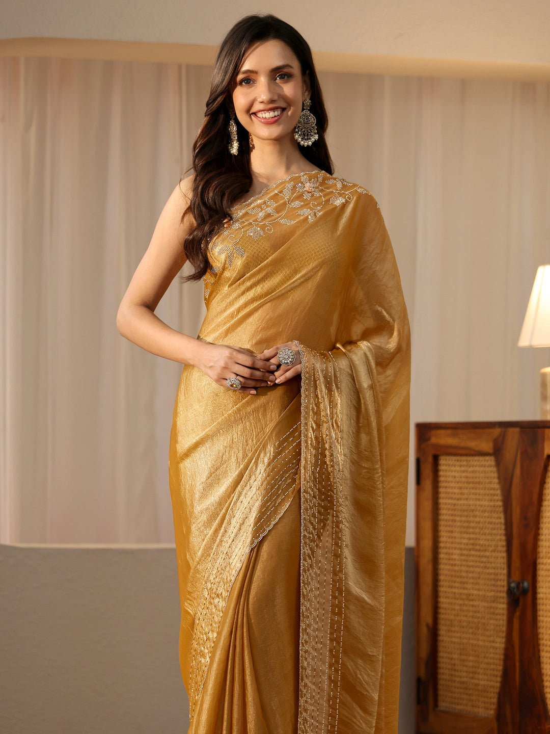 Libas Gold Silk Blend Saree with Embellished Border