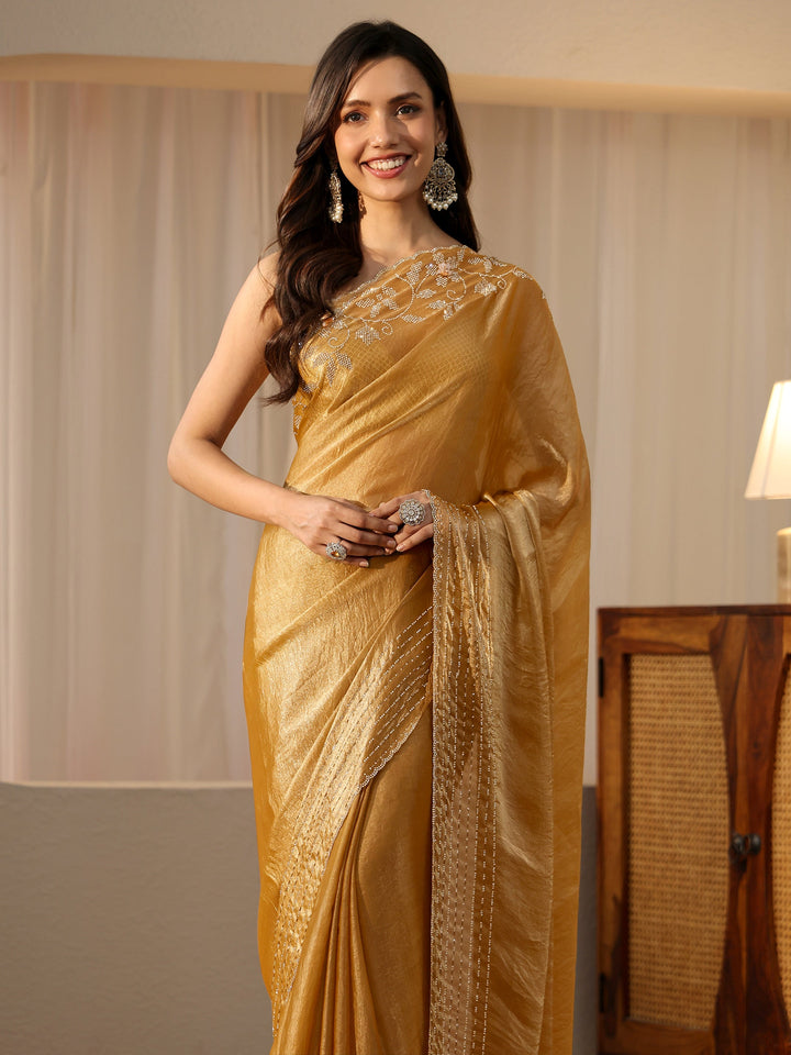 Libas Gold Silk Blend Saree with Embellished Border