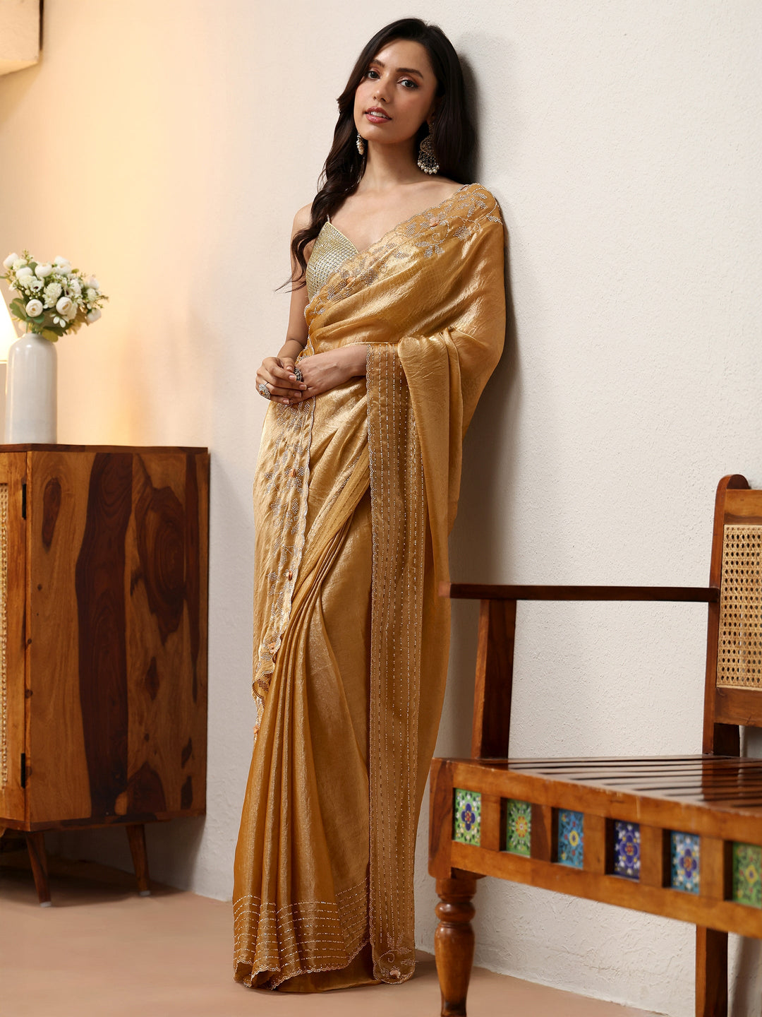 Libas Gold Silk Blend Saree with Embellished Border