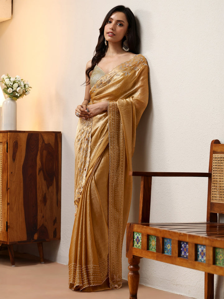 Libas Gold Silk Blend Saree with Embellished Border