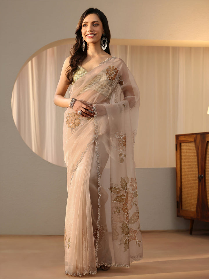 Libas Beige Floral Embellished Tissue Saree