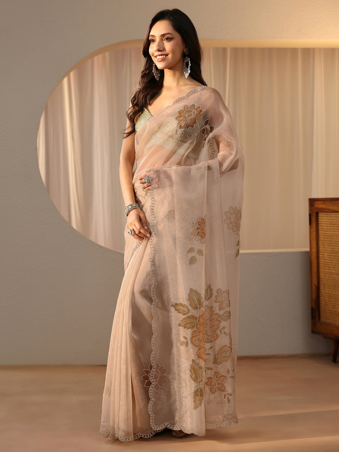 Libas Beige Floral Embellished Tissue Saree