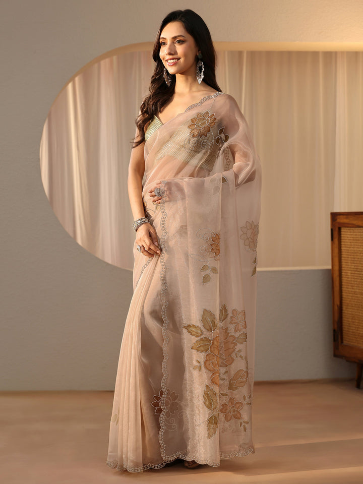 Libas Beige Floral Embellished Tissue Saree