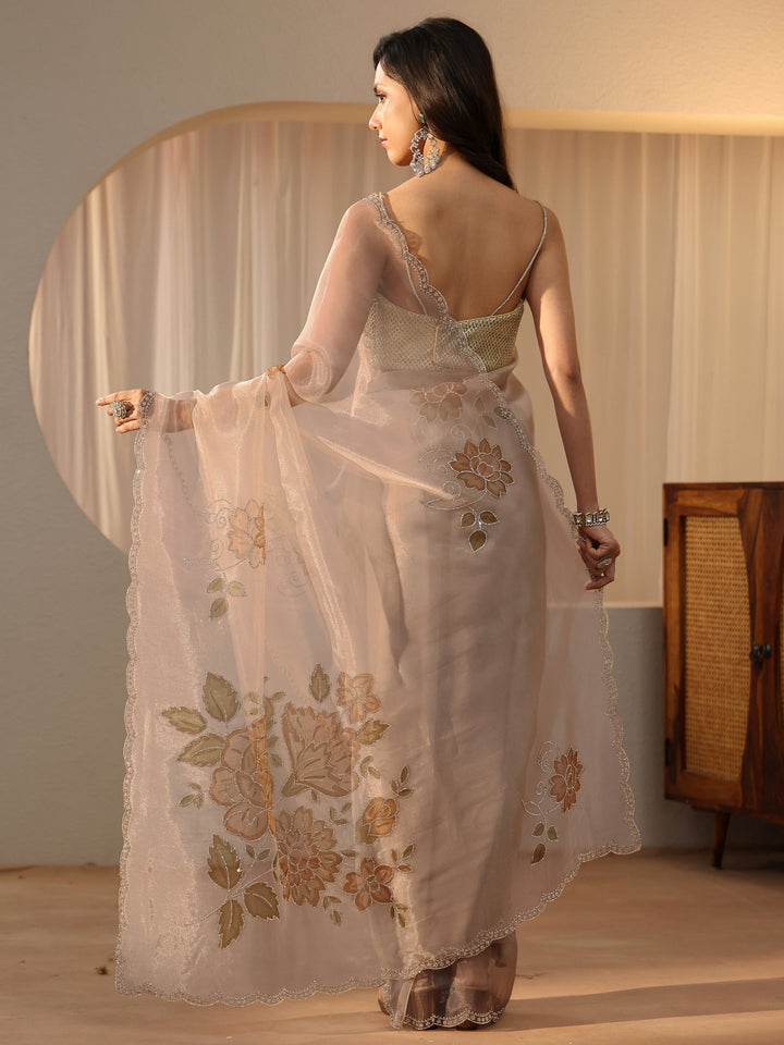 Libas Beige Floral Embellished Tissue Saree