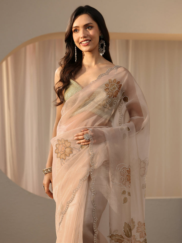 Libas Beige Floral Embellished Tissue Saree