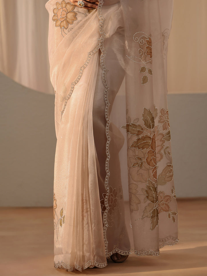 Libas Beige Floral Embellished Tissue Saree