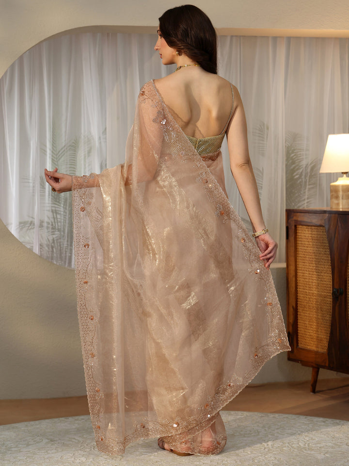 Libas Cream Floral Tissue Saree with Embellished Border