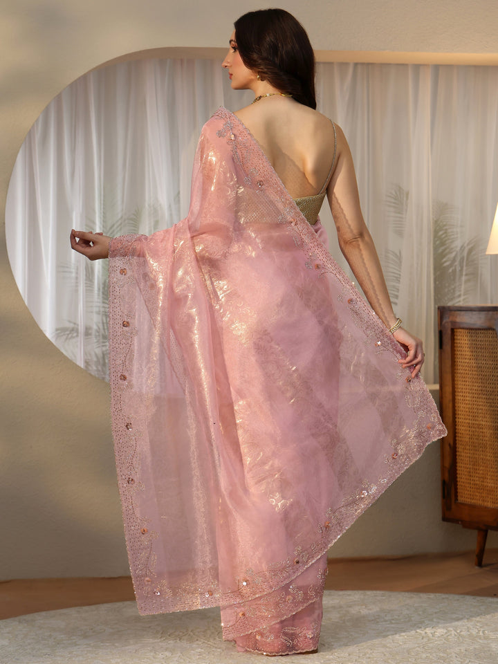 Libas Pink Floral Tissue Saree with Embellished Border