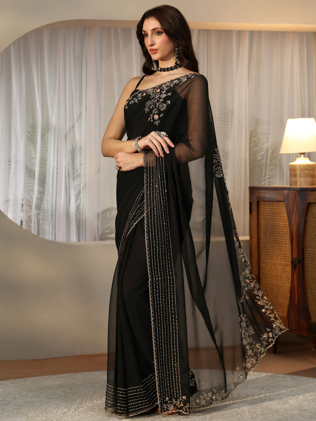 Libas Black Embellished Georgette Saree