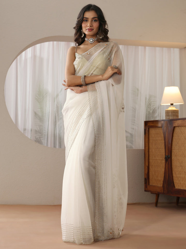 Libas Cream Georgette Saree with Embellished Border