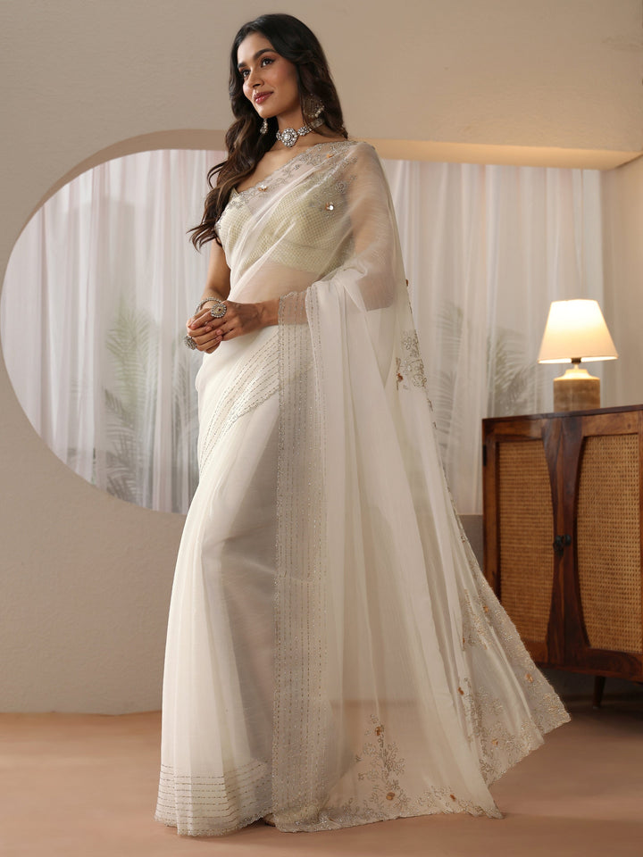 Libas Cream Georgette Saree with Embellished Border