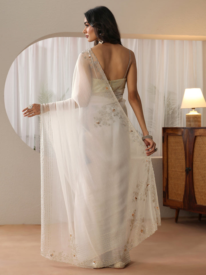 Libas Cream Georgette Saree with Embellished Border
