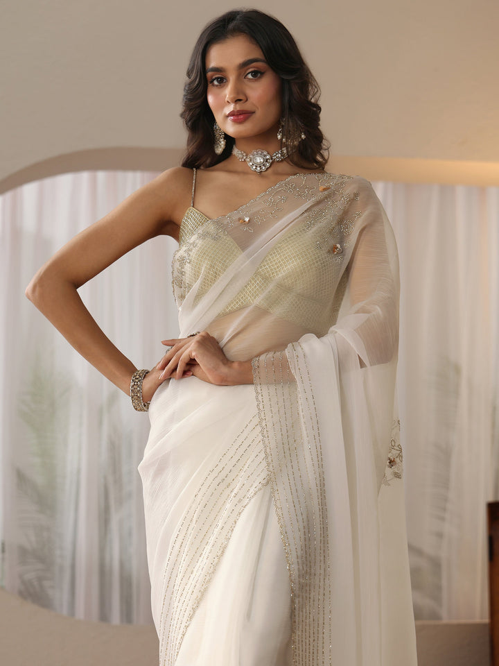Libas Cream Georgette Saree with Embellished Border