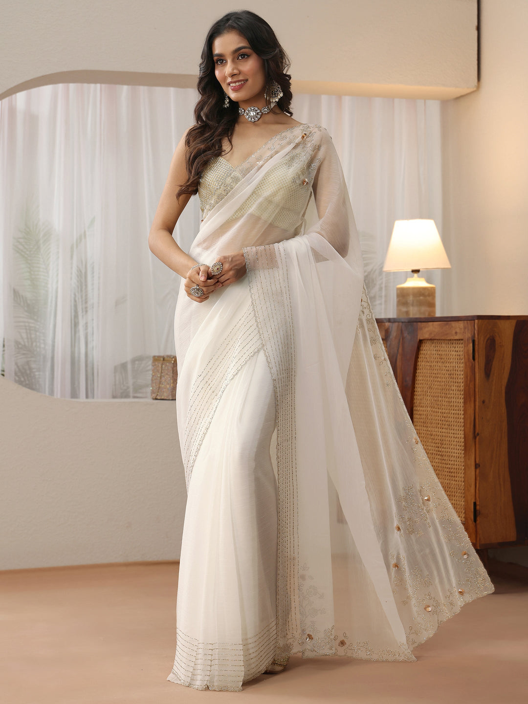 Libas Cream Georgette Saree with Embellished Border