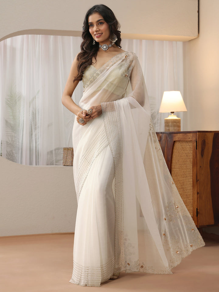 Libas Cream Georgette Saree with Embellished Border
