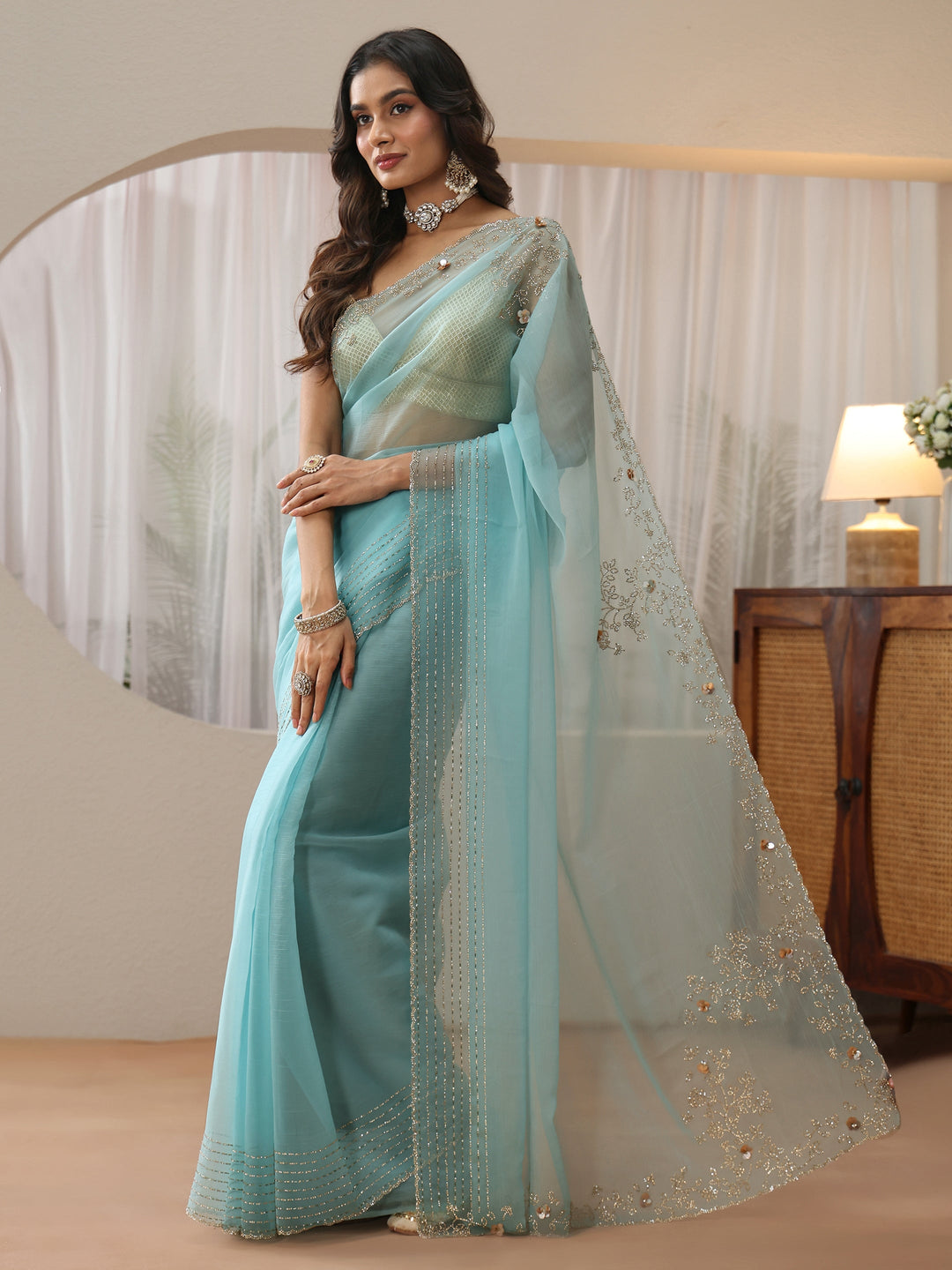 Libas Sky Blue Georgette Saree with Embellished Border