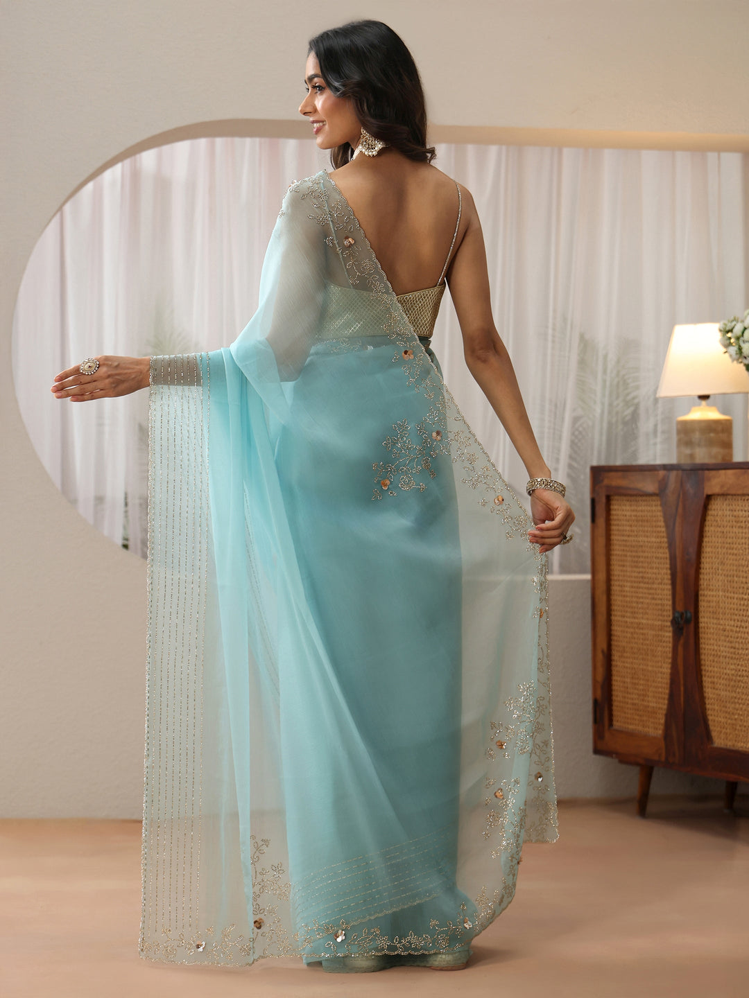 Libas Sky Blue Georgette Saree with Embellished Border