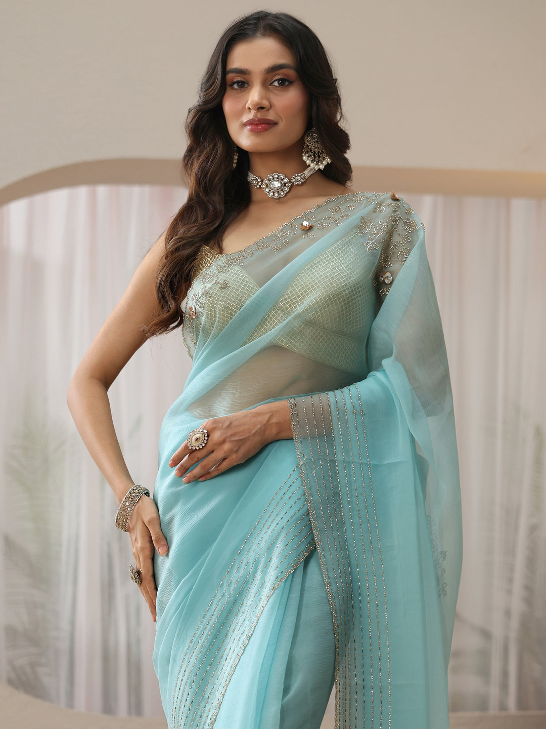 Libas Sky Blue Georgette Saree with Embellished Border