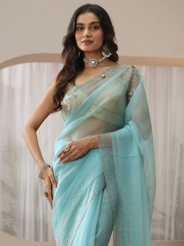 Libas Sky Blue Georgette Saree with Embellished Border