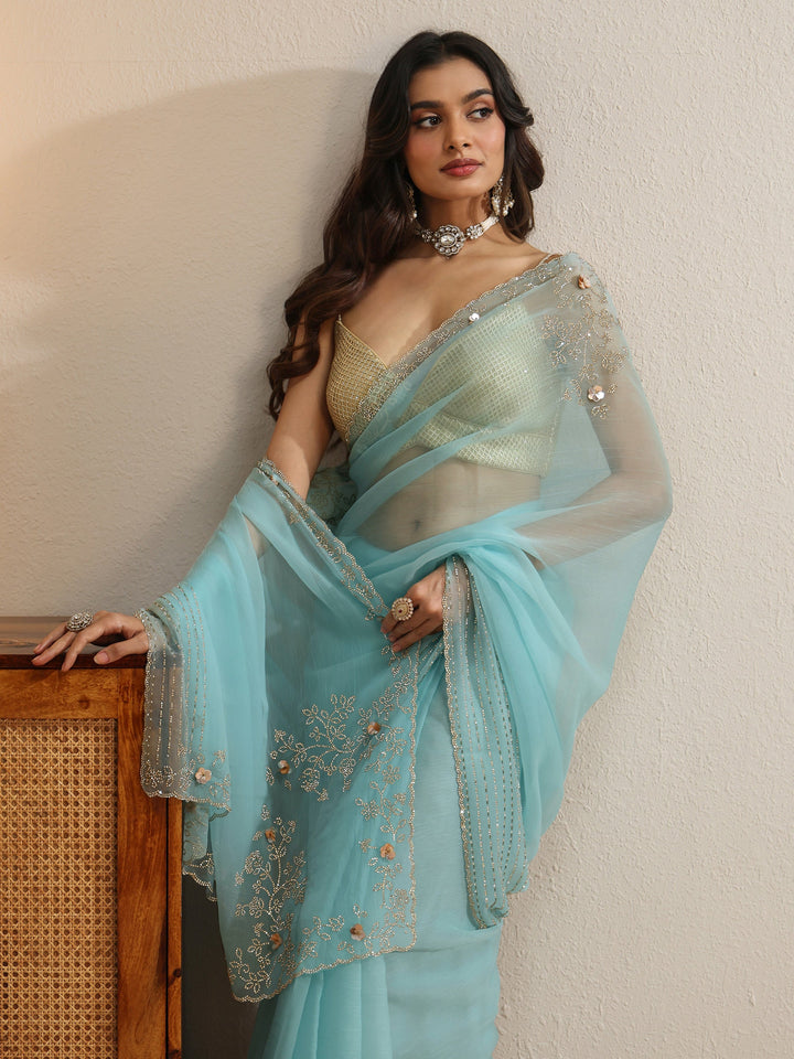 Libas Sky Blue Georgette Saree with Embellished Border