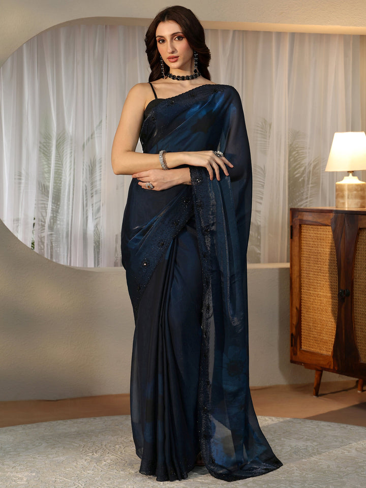 Libas Peacock Blue Floral Silk Blend Saree