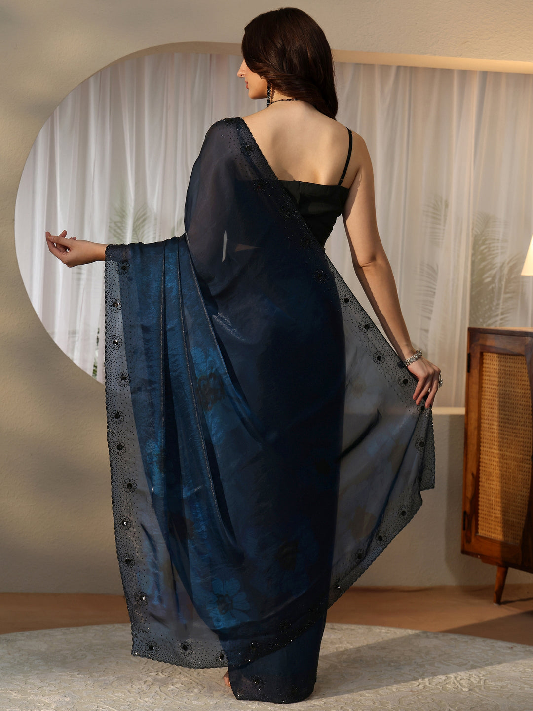 Libas Peacock Blue Floral Silk Blend Saree