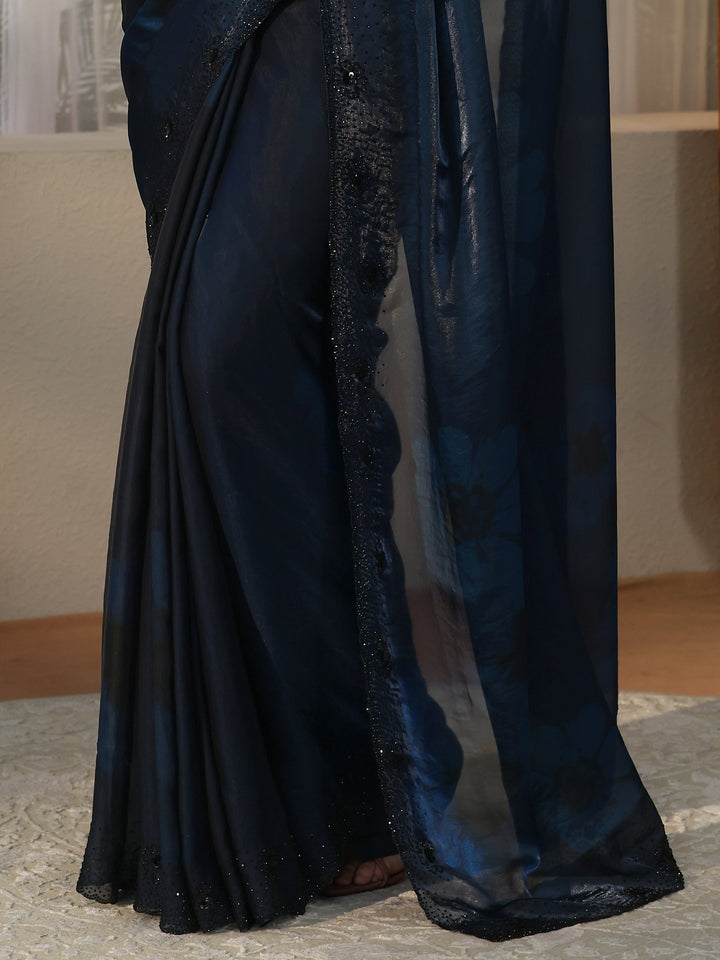 Libas Peacock Blue Floral Silk Blend Saree