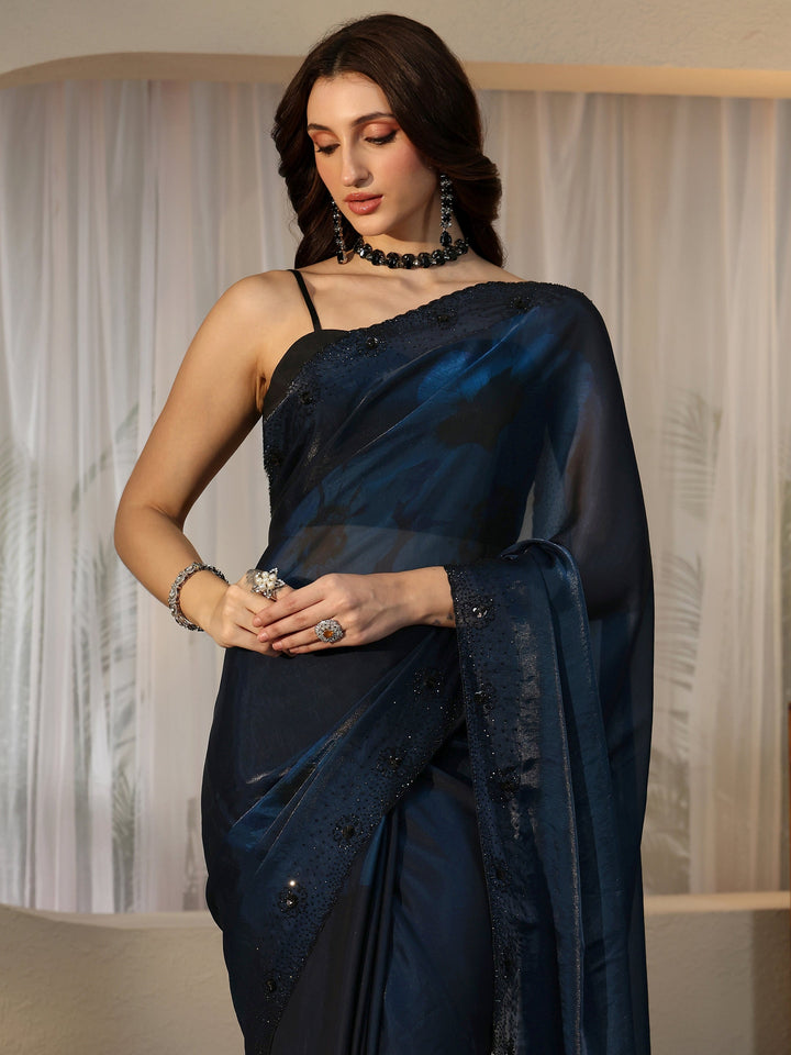 Libas Peacock Blue Floral Silk Blend Saree