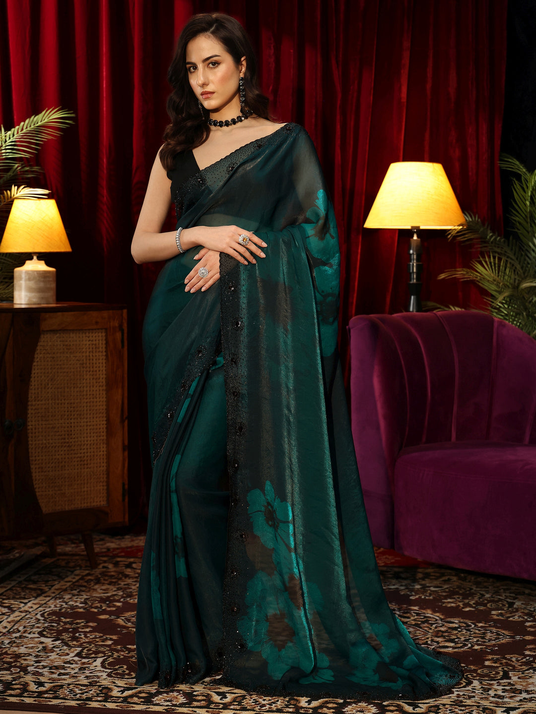 Libas Bottle Green Floral Silk Blend Saree